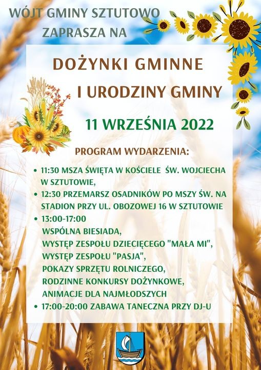 Sztutowo. W niedzielę Dożynki Gminne i Urodziny Gminy. Szczegóły na plakacie.