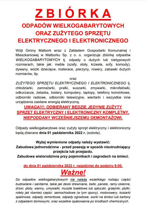 Gmina Malbork. 1 października odbędzie się zbiórka odpadów wielkogabarytowych oraz zużytego sprzętu elektrycznego i elektronicznego.