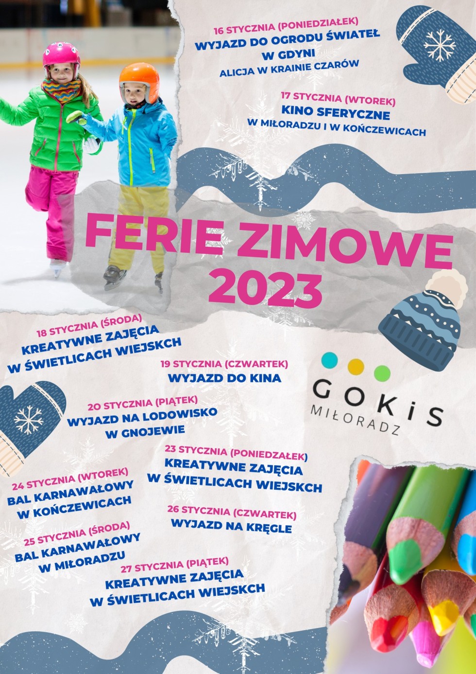 Gmina Miłoradz. Ferie zimowe pełne ciekawych atrakcji. Szczegóły na plakatach.