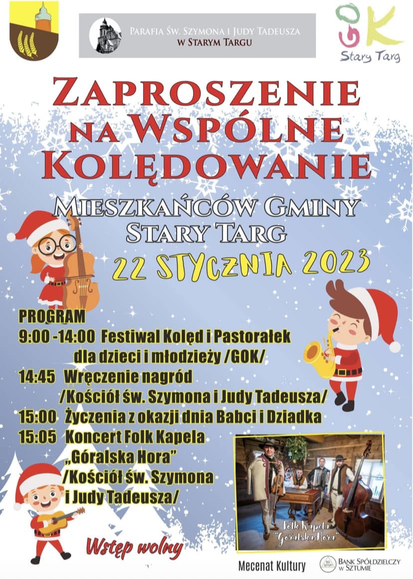 Gmina Stary Targ. Festiwal Kolęd i Pastorałek. Szczegóły na plakacie.