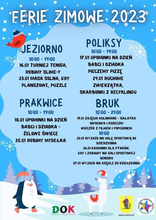 Gmina Dzierzgoń. Ferie zimowe – zajęcia dla dzieci i młodzieży. Szczegóły na plakatach.
