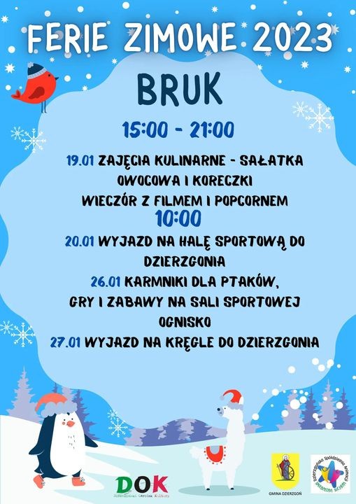Gmina Dzierzgoń. Ferie zimowe – zajęcia dla dzieci i młodzieży. Szczegóły na plakatach.