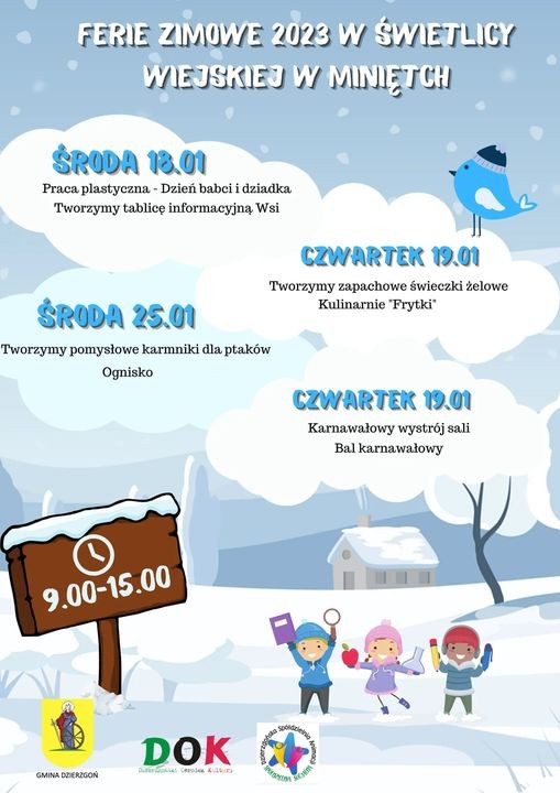 Gmina Dzierzgoń. Ferie zimowe – zajęcia dla dzieci i młodzieży. Szczegóły na plakatach.