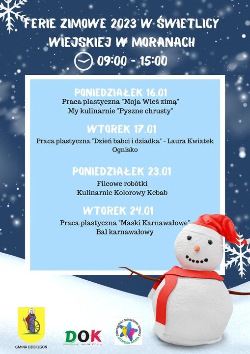 Gmina Dzierzgoń. Ferie zimowe – zajęcia dla dzieci i młodzieży. Szczegóły na plakatach.
