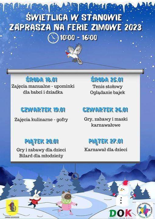 Gmina Dzierzgoń. Ferie zimowe – zajęcia dla dzieci i młodzieży. Szczegóły na plakatach.