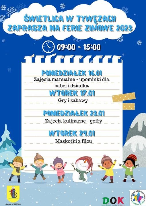 Gmina Dzierzgoń. Ferie zimowe – zajęcia dla dzieci i młodzieży. Szczegóły na plakatach.