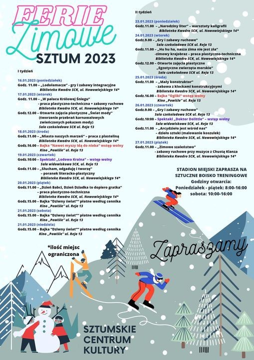 Ferie ze Sztumskim Centrum Kultury. Szczegóły na plakacie.