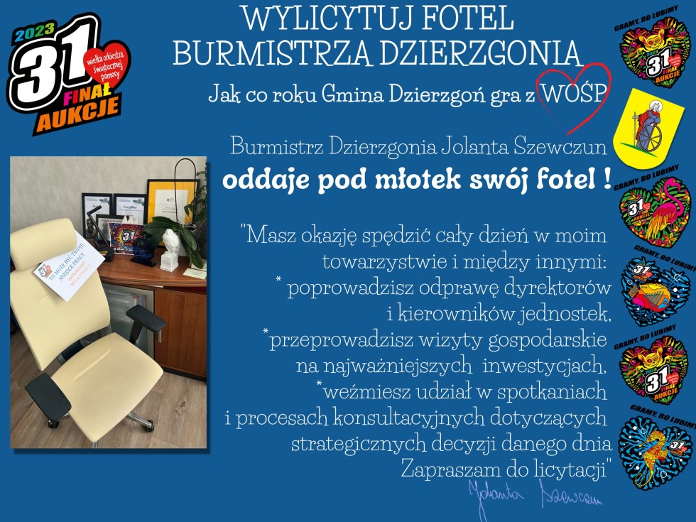 Gmina Dzierzgoń. WOŚP - Burmistrz oddaje pod młotek swój fotel.