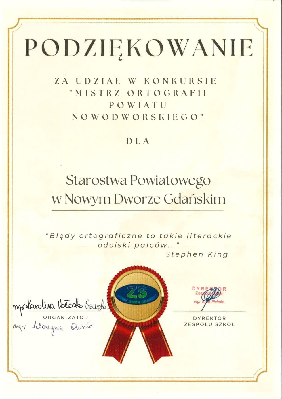 Nowy Dwór Gdański. Powiatowy Urząd Pracy najlepszy w konkursie ortograficznym.