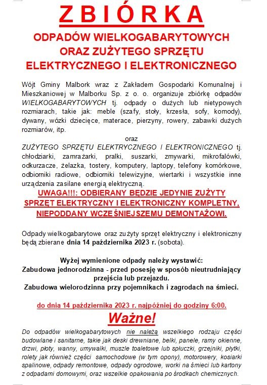 Gmina Malbork. 14 października odbędzie się zbiórka odpadów wielkogabarytowych oraz zużytego sprzętu elektrycznego i elektronicznego.