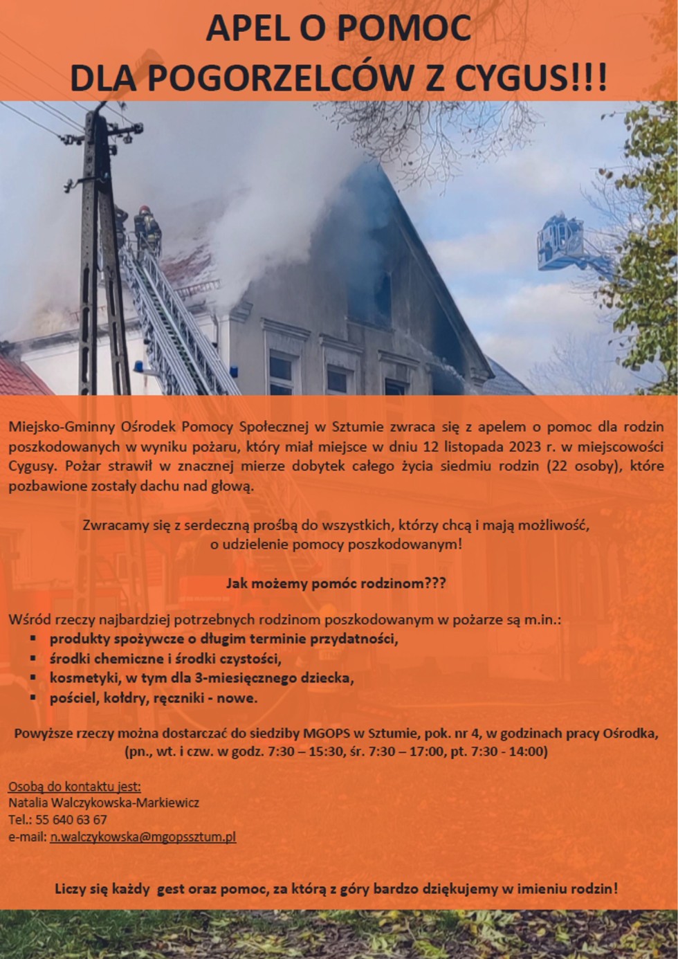 Apel o pomoc dla pogorzelców z Cygus.