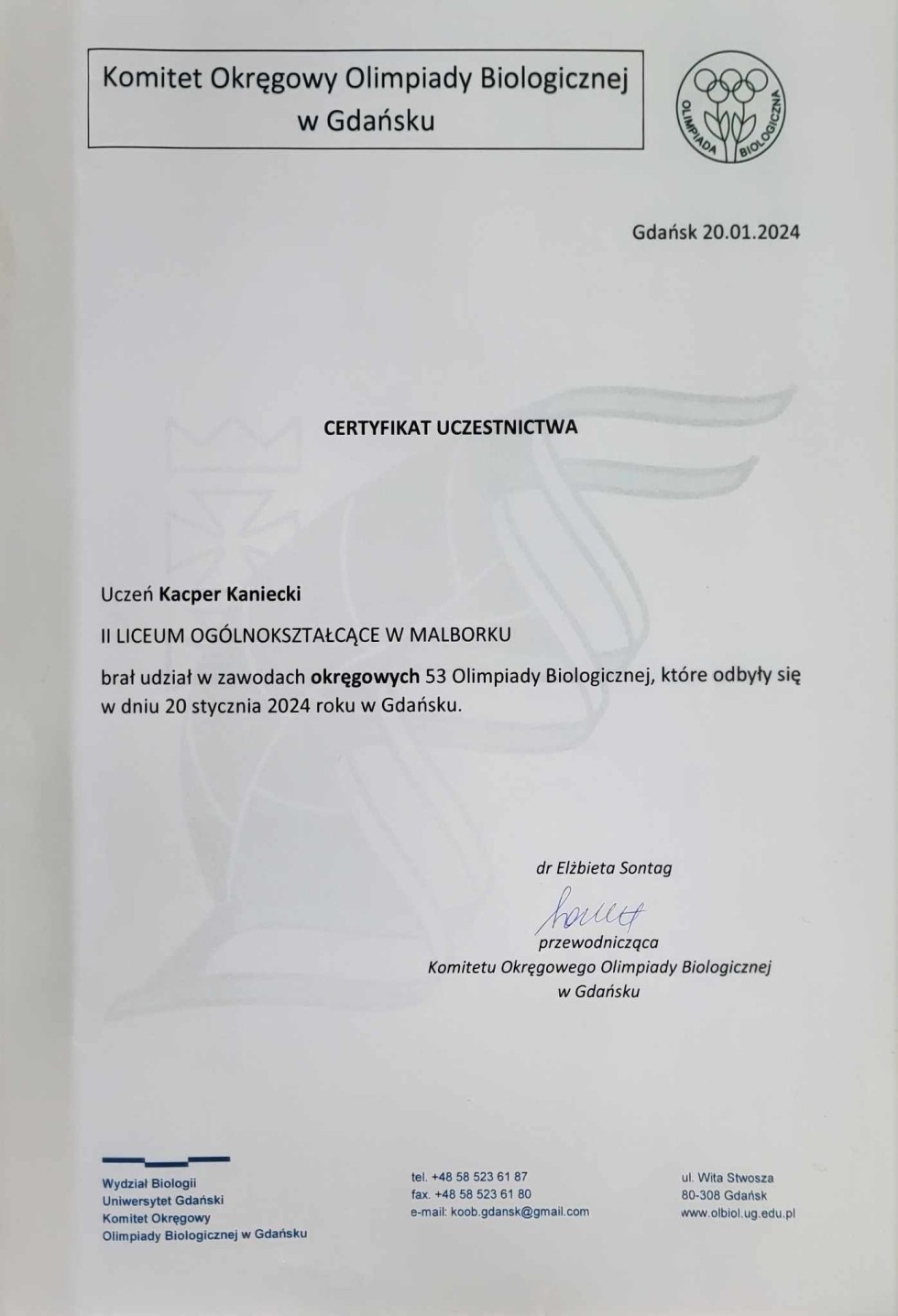 Malbork. Sukces ucznia II LO na Olimpiadzie Biologicznej.