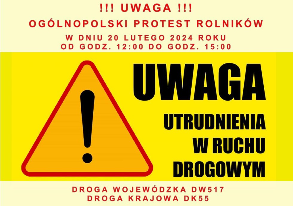 Powiat sztumski. We wtorek Ogólnopolski Protest Rolników i utrudnienia w ruchu drogowym na DK55 i DW517.