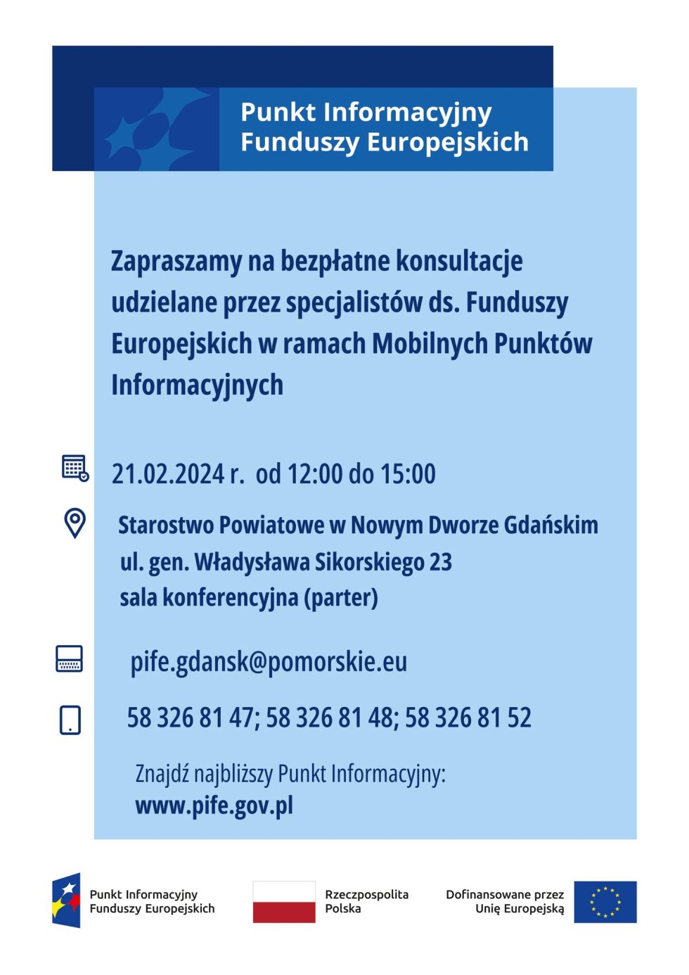 Nowy Dwór Gdański. Fundusze Europejskie – Mobilny Punkt Informacyjny zaprasza.