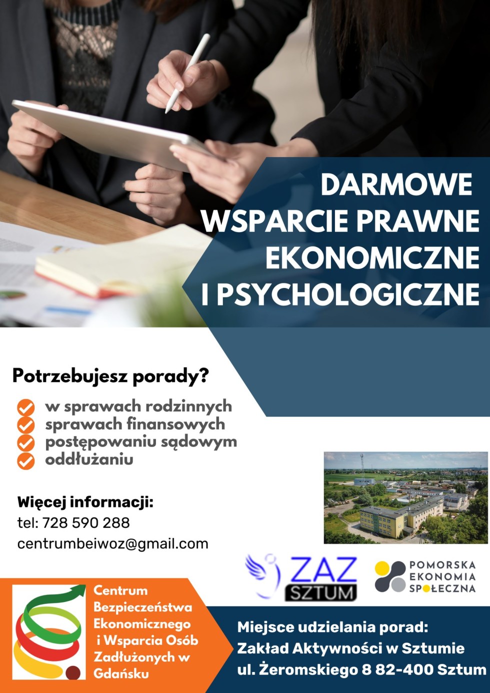 Powiat sztumski. Darmowa pomoc prawnika, psychologa i doradcy oddłużeniowego dla mieszkańców.