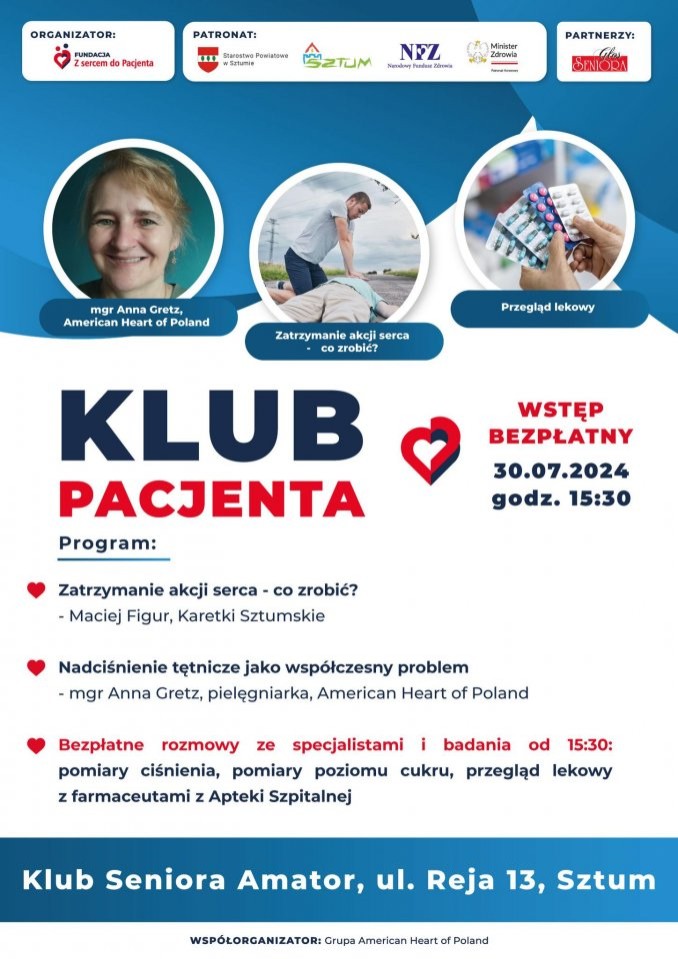 Powiat sztumski. Regionalny Klub Pacjenta – zaproszenie na spotkanie.