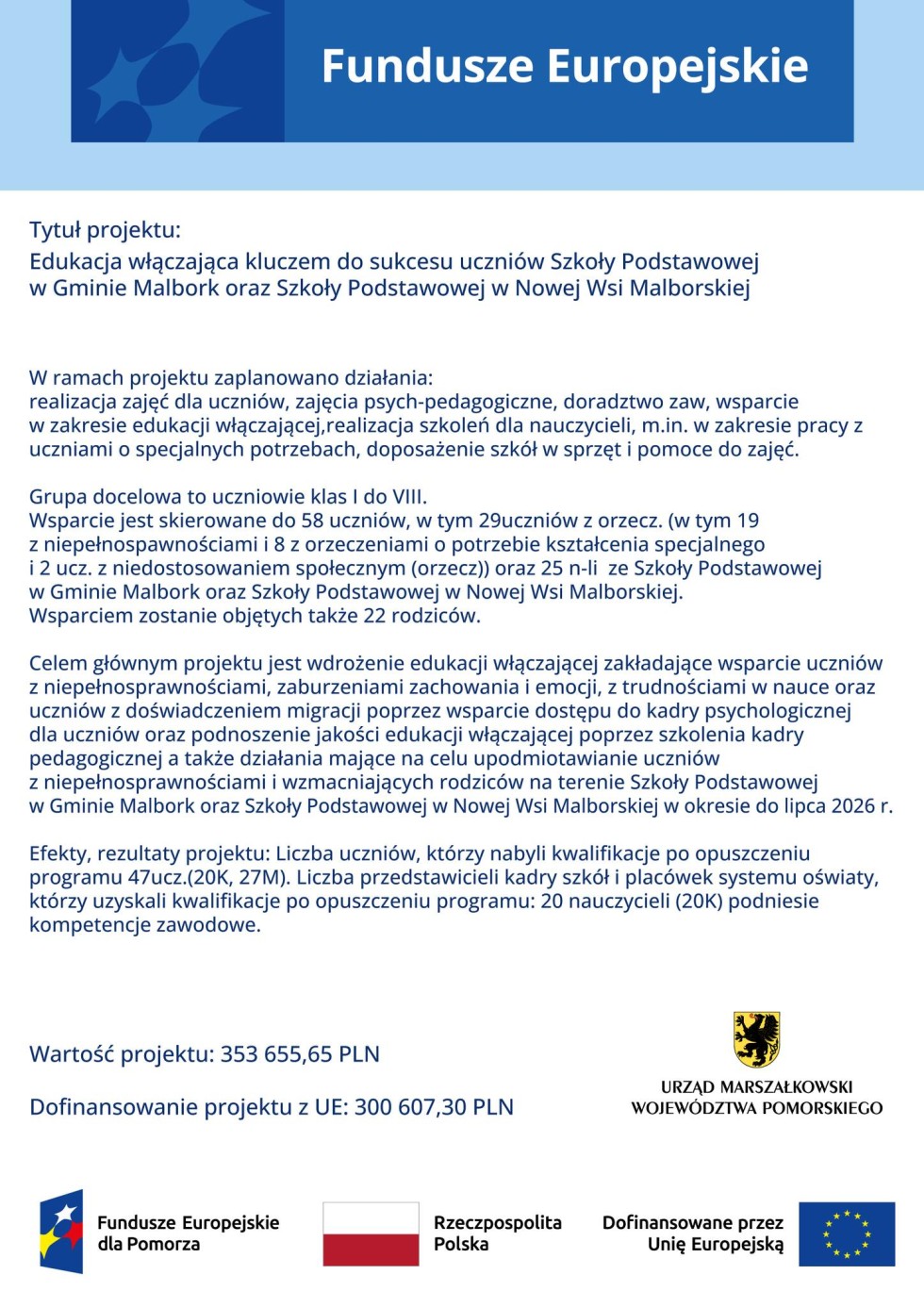 Edukacja włączająca kluczem do sukcesu uczniów - Gmina Malbork z dofinansowaniem.