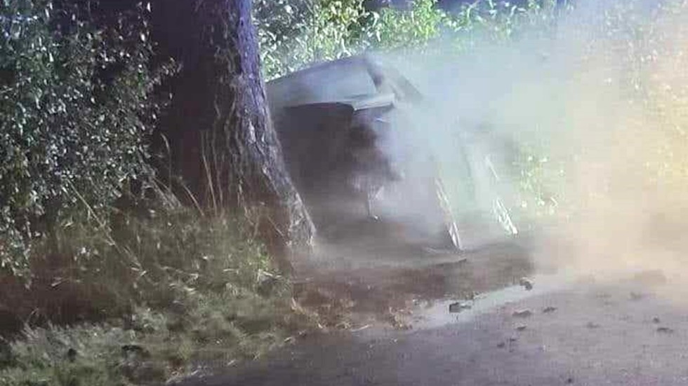 Gmina Malbork. Osobówka uderzyła w drzewo i zapaliła się – kierująca trafiła do szpitala.