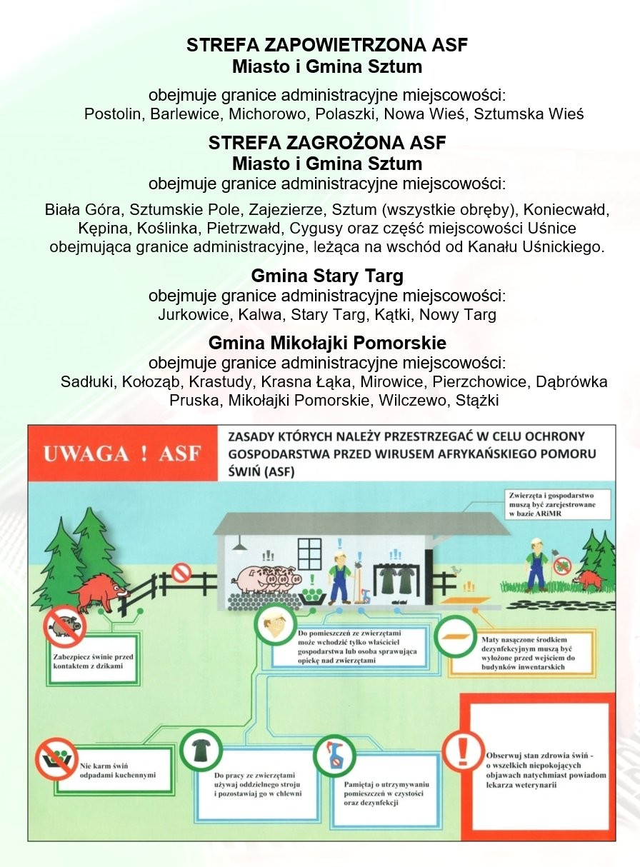 WAŻNE! Strefa zapowietrzona i zagrożona ASF w powiecie sztumskim.