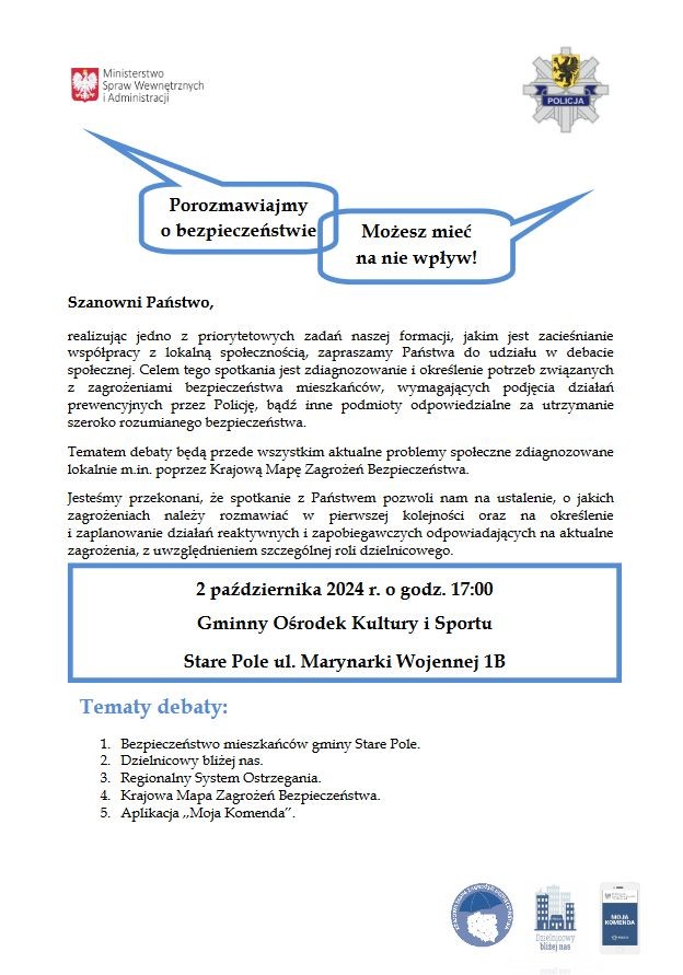Gmina Stare Pole. Policjanci zapraszają mieszkańców na debatę społeczną.
