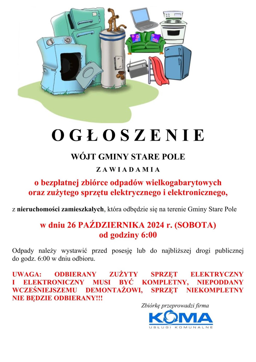 Gmina Stare Pole. 26 października bezpłatna zbiórka odpadów wielkogabarytowych.