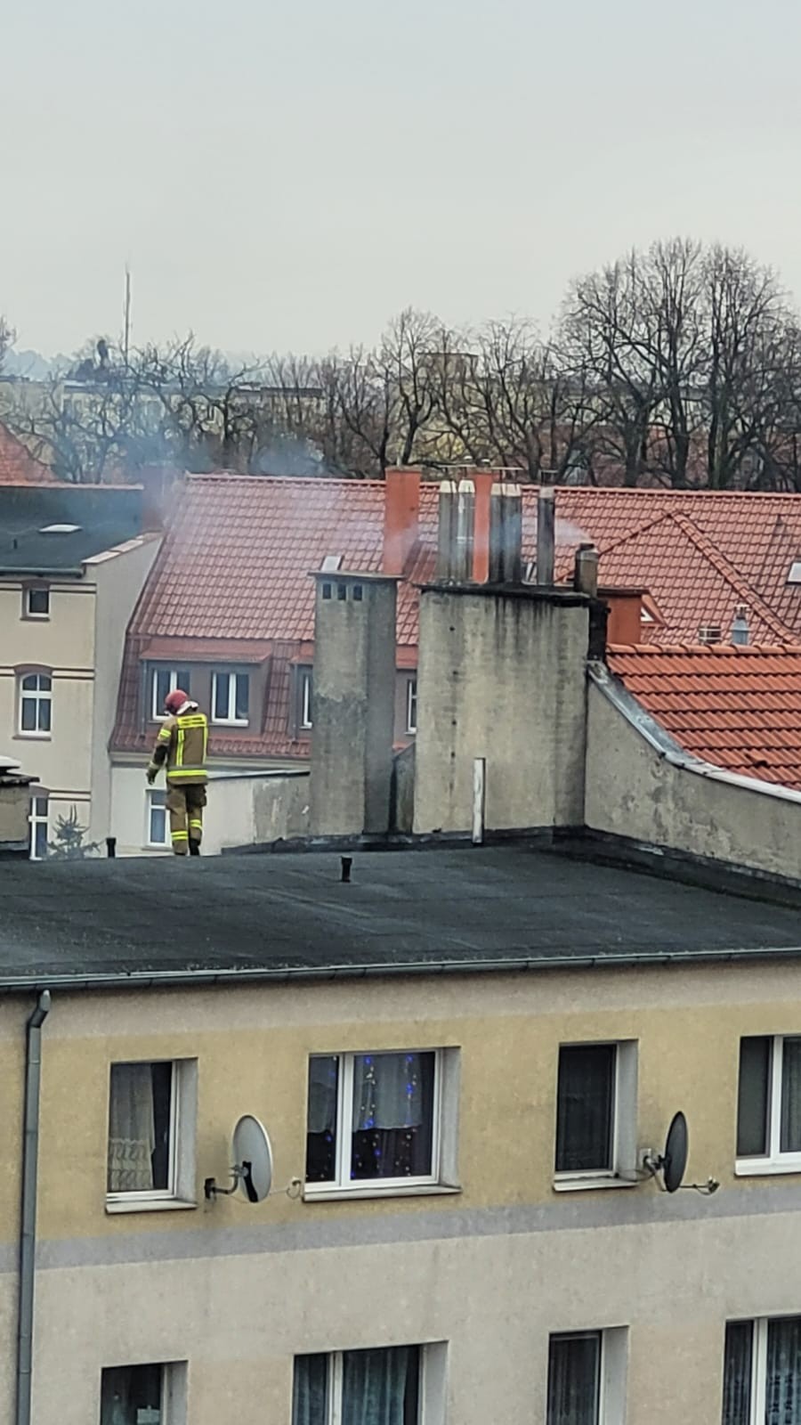 Pożar sadzy w kominie – interwencja strażaków na ul. Sienkiewicza w Malborku. Wideo i zdjęcia
