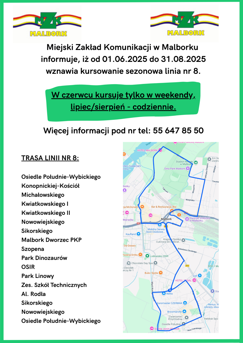 Sezonowa linia nr 8 wraca na ulice Malborka.